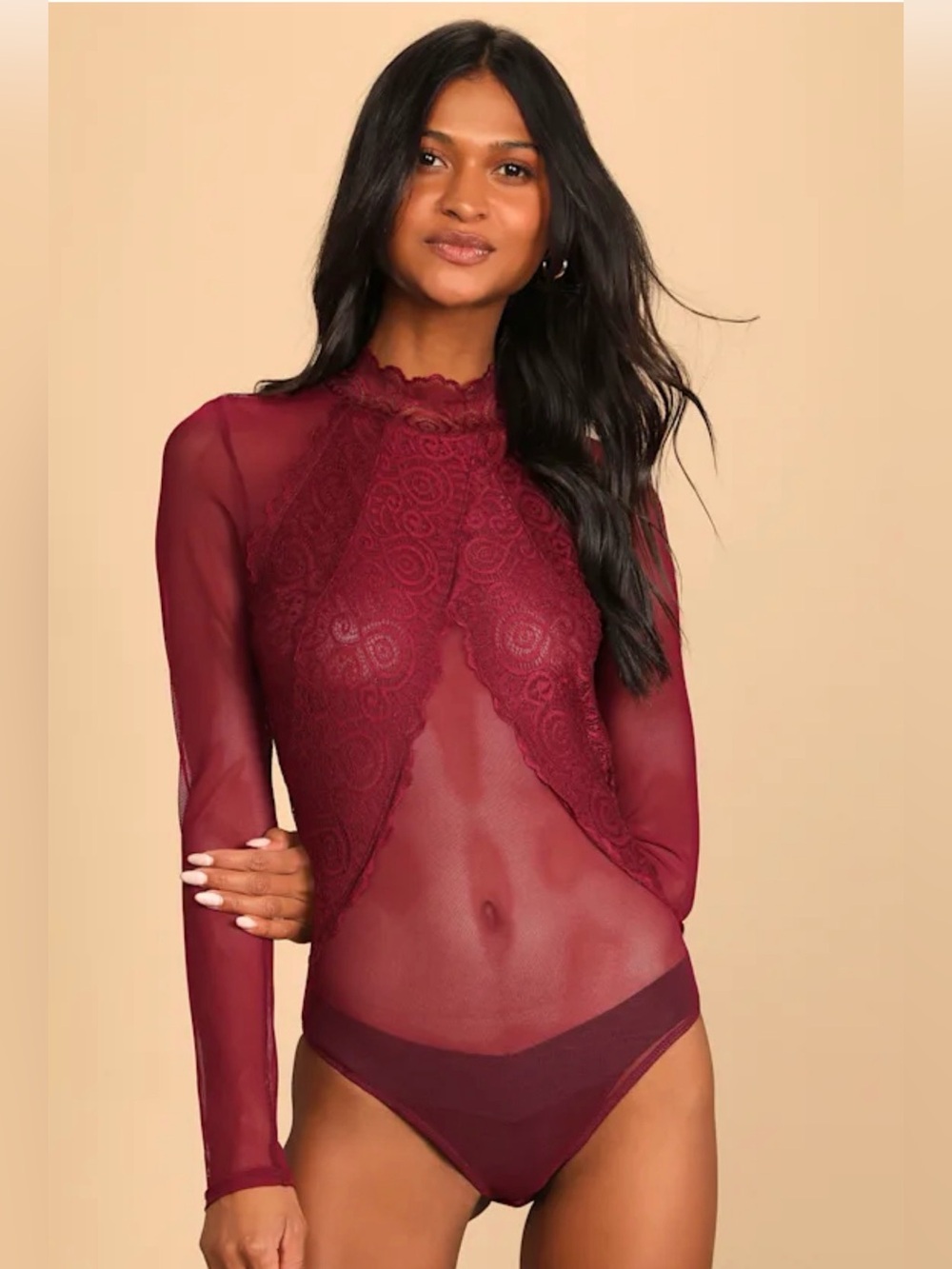 NWOT Lulu's Show Stopping Burgundy Sheer Lace Long Sleeve Bodysuit - Picture 4 of 9